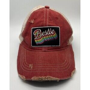 Judith March Bestie Patch Trucker Cap Hat Red Distressed Rainbow Snapback One Sz